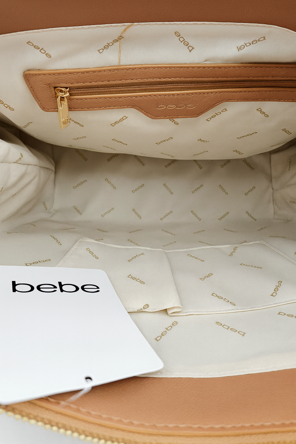 bebe Los Angeles Large Tote Bag with Matching Pouch – Pink Stripe Taupe Logo Tote