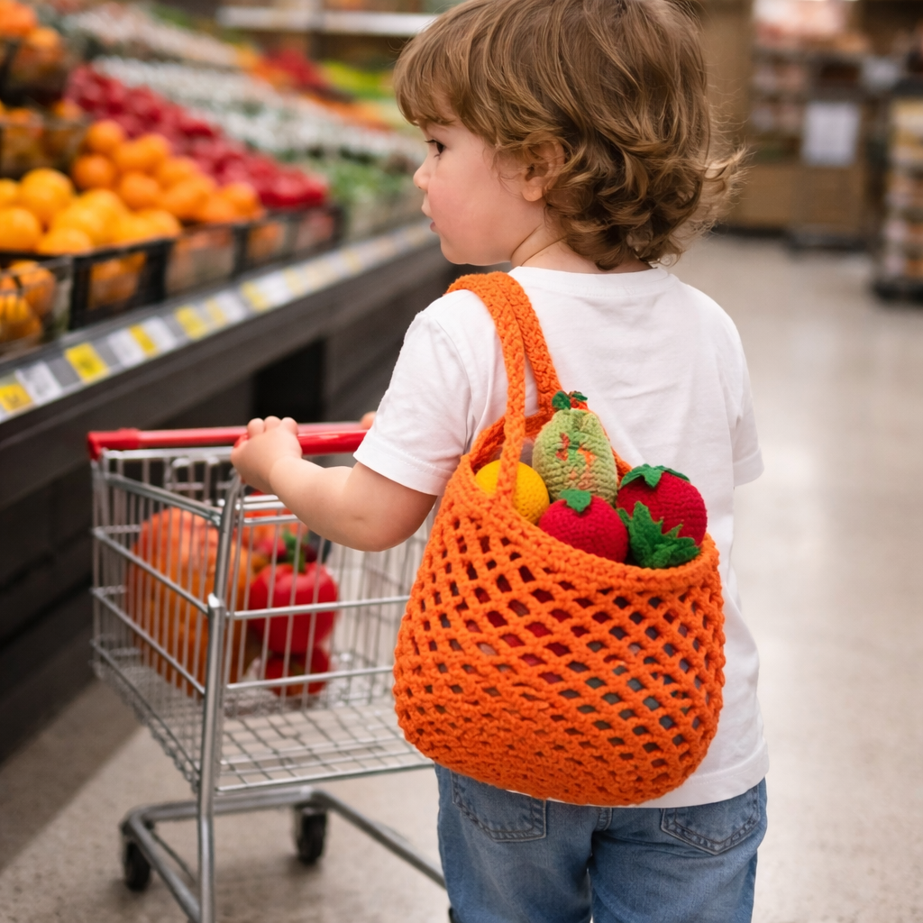 Handmade Crochet Play Food Set with Market Bag – Amigurumi Grocery Toy Set