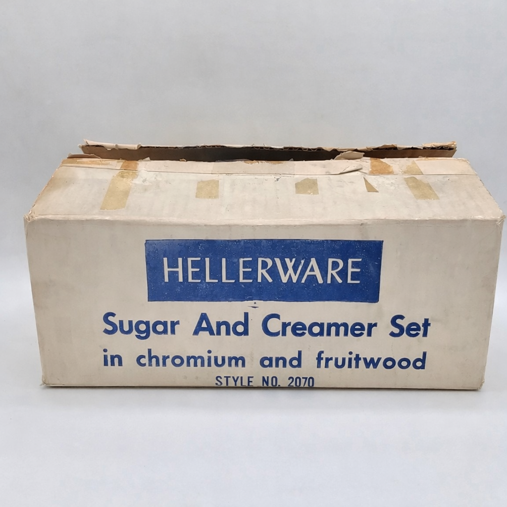 Vintage Hellerware Sugar & Creamer Set with Tray – Chromium & Fruitwood | Mid-Century Modern