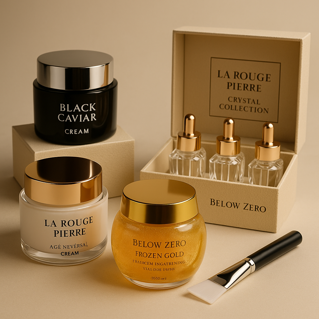 Luxury skincare set with Black Caviar Cream, La Rouge Pierre crystal collection, gold facial creams, and serum bottles on a neutral background.