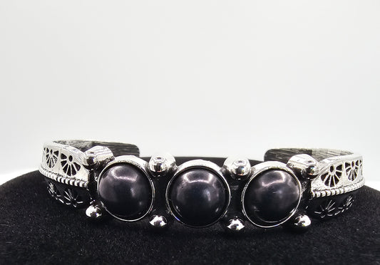 Vintage-Inspired Silver Cuff Bracelet with Onyx Stones | Boho Chic Statement Jewelry