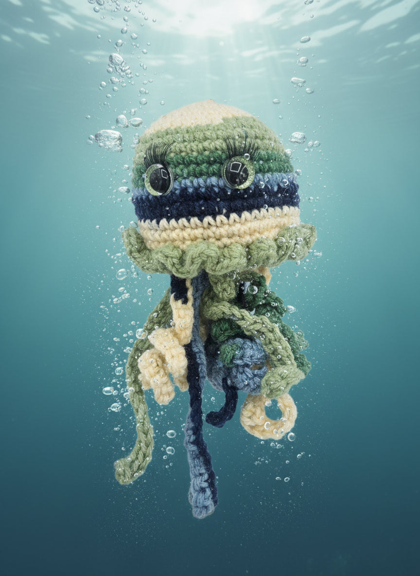 Handmade Crochet Jellyfish Plushie – Green & Blue Ocean Mix