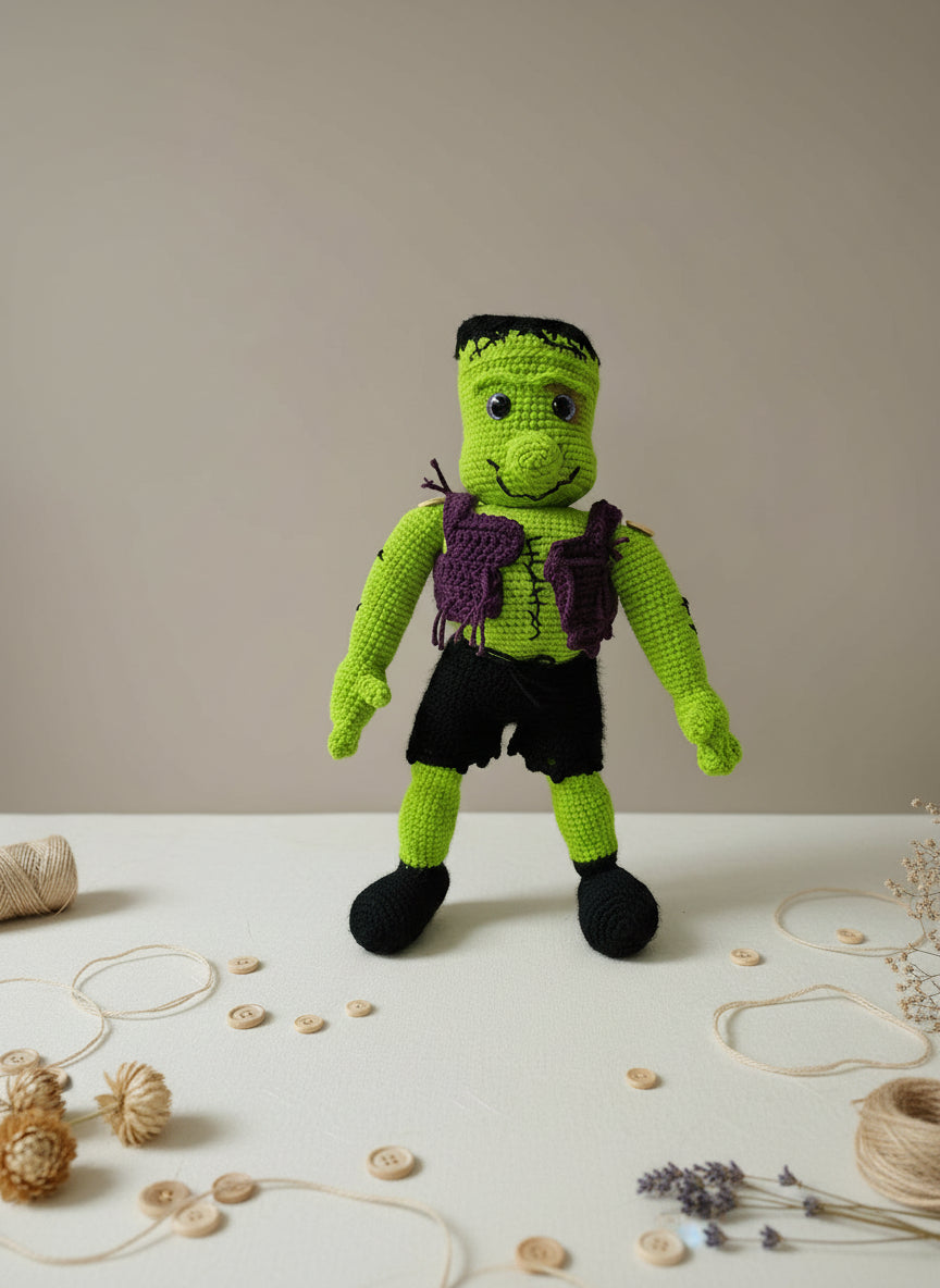 Handmade Crochet Frankenstein Amigurumi Doll – 16” Tall, Soft Plush Monster Toy, Halloween Décor