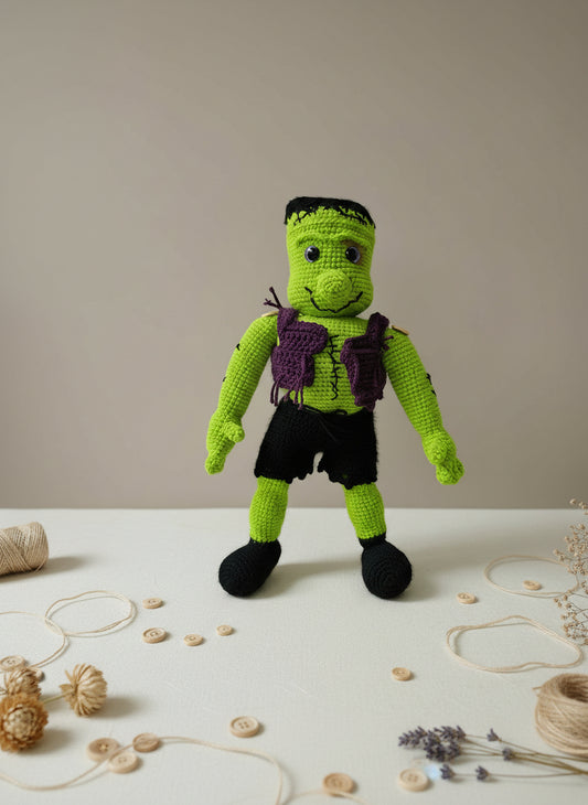 Handmade Crochet Frankenstein Amigurumi Doll – 16” Tall, Soft Plush Monster Toy, Halloween Décor