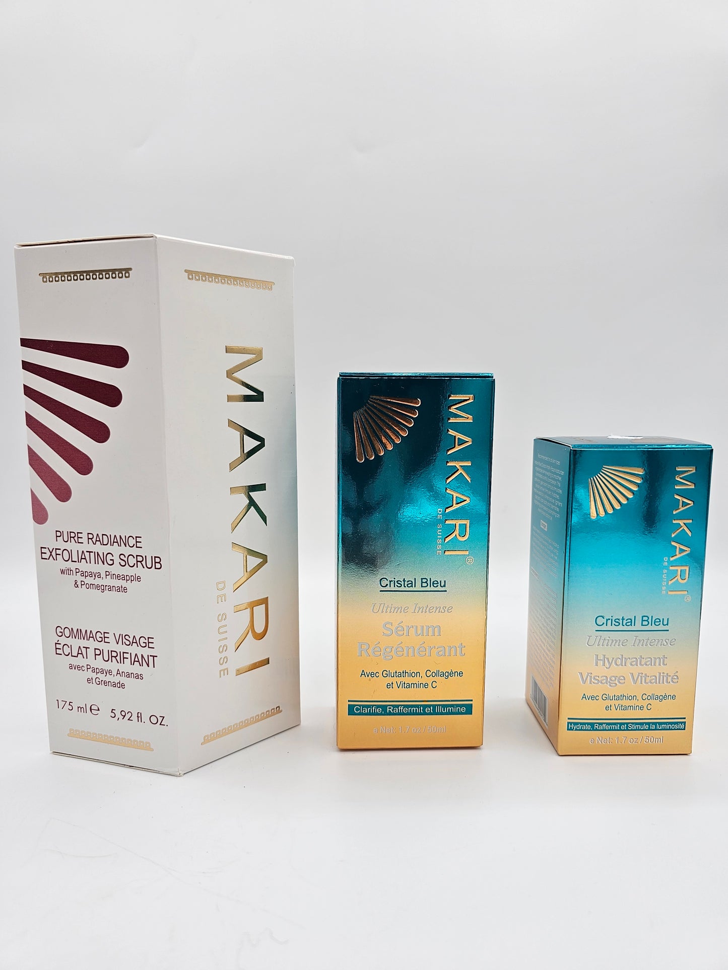 Makari Glow Bundle – Exfoliating Scrub + Serum + Hydrating Visage (3-Piece Set)