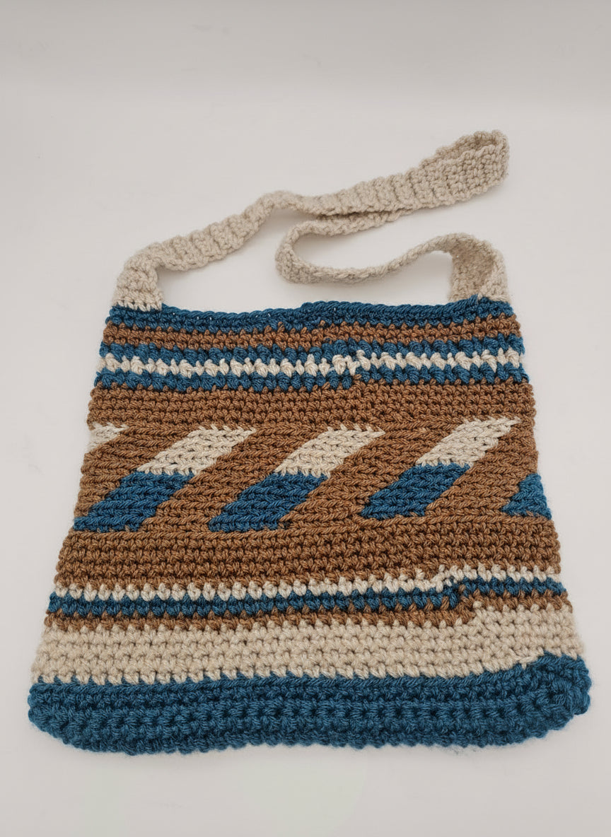 🧶 Handmade Crochet Shoulder Bag – Blue, Tan & Cream Boho Stripe