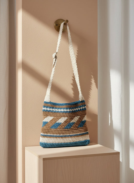 🧶 Handmade Crochet Shoulder Bag – Blue, Tan & Cream Boho Stripe