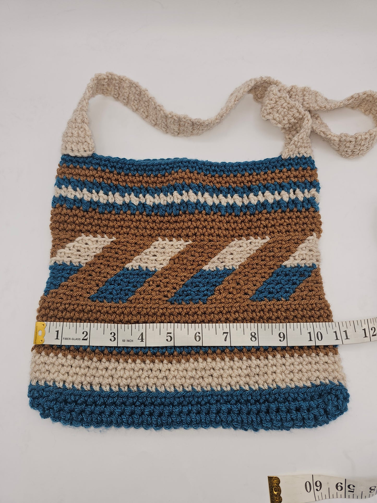 🧶 Handmade Crochet Shoulder Bag – Blue, Tan & Cream Boho Stripe