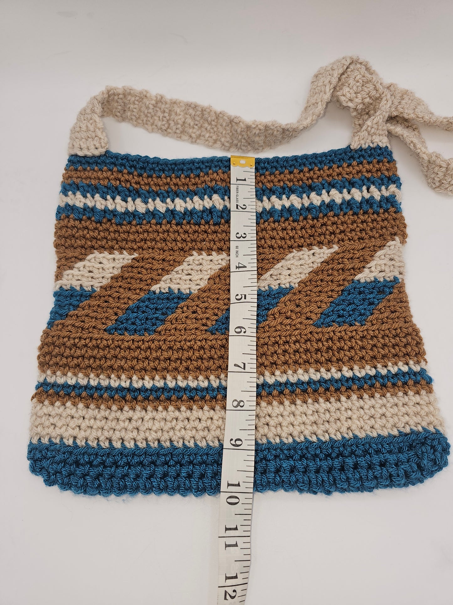 🧶 Handmade Crochet Shoulder Bag – Blue, Tan & Cream Boho Stripe