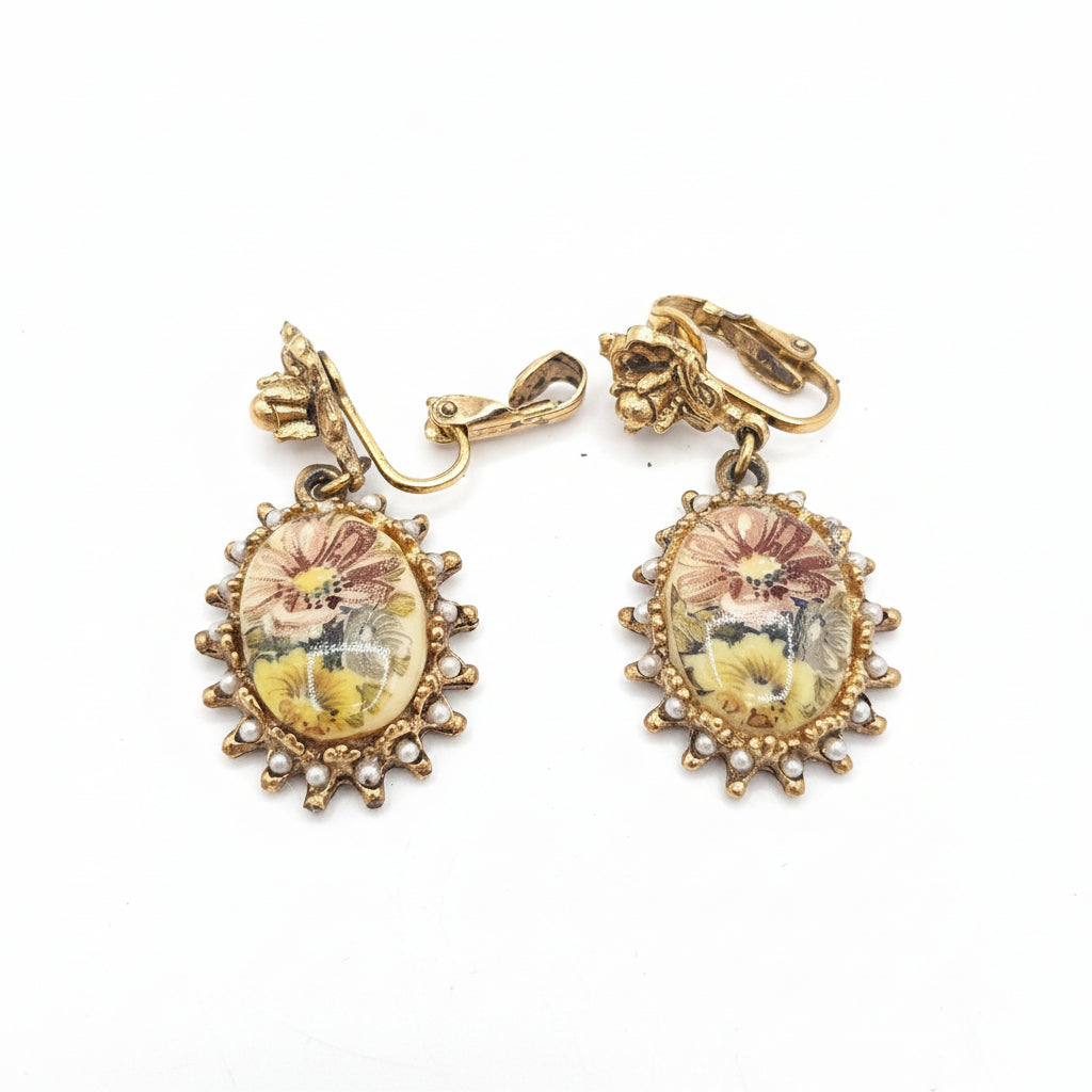 Vintage Floral Cameo Necklace & Clip-On Earrings Set | Gold-Tone | 1950s–1960s