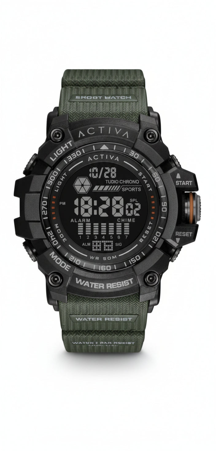 Activa Digital Men’s Sport Watch – 56mm, Green Silicone Band