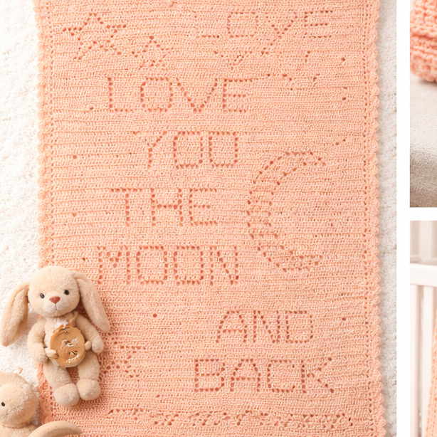 Handmade peach crochet baby blanket with “Love You to the Moon and Back” design, stars and crescent moon nursery blanket by Collective by Christena