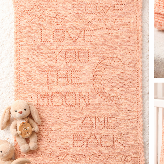Handmade peach crochet baby blanket with “Love You to the Moon and Back” design, stars and crescent moon nursery blanket by Collective by Christena
