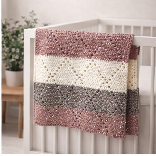 Handmade Crochet Baby Blanket – Neutral Diamond Stitch with Silver Sparkle Yarn | 44 x 32.5 in