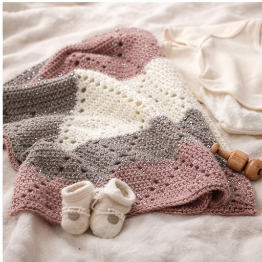 Handmade Crochet Baby Blanket – Neutral Diamond Stitch with Silver Sparkle Yarn | 44 x 32.5 in