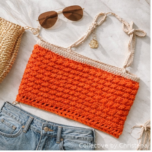 Coral & Cream Textured Crochet Bandeau Top – Adjustable Tie Strap Crop | Handmade Summer Boho Top