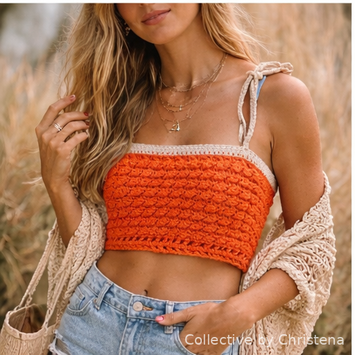 Woman wearing coral and cream textured crochet bandeau top with adjustable tie straps, styled with denim shorts for a summer boho look