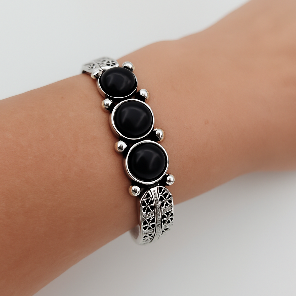 Vintage-Inspired Silver Cuff Bracelet with Onyx Stones | Boho Chic Statement Jewelry