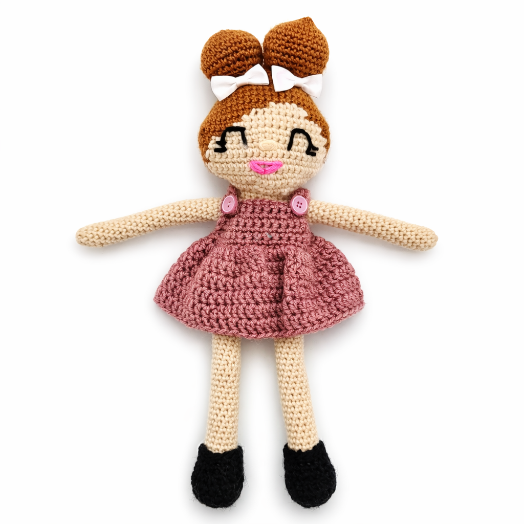 Handmade Crochet Doll with Pink Dress – Amigurumi Rag Doll Toy – 15 Inch Plush