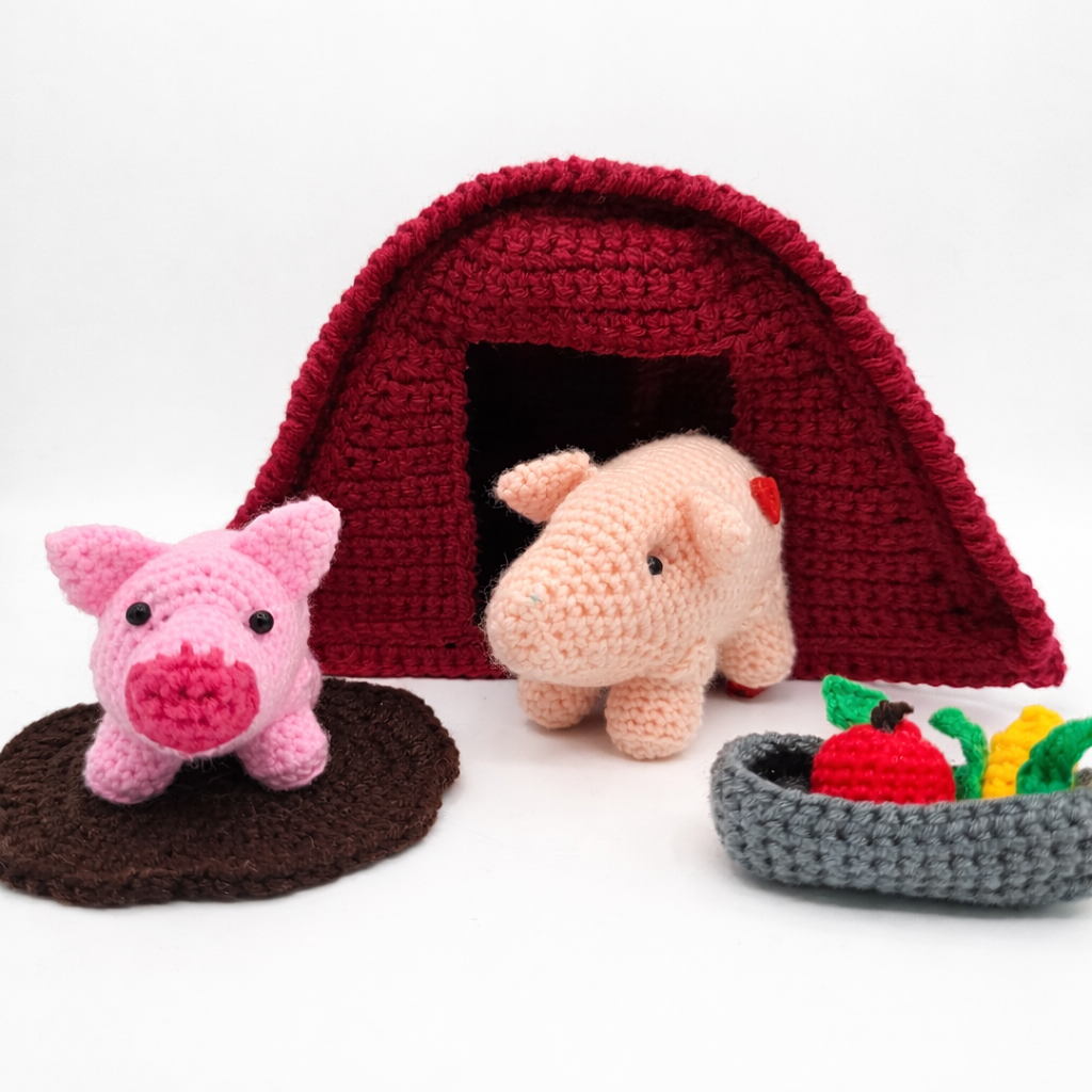Handmade Crochet Pig Farm Playset with Barn & Accessories