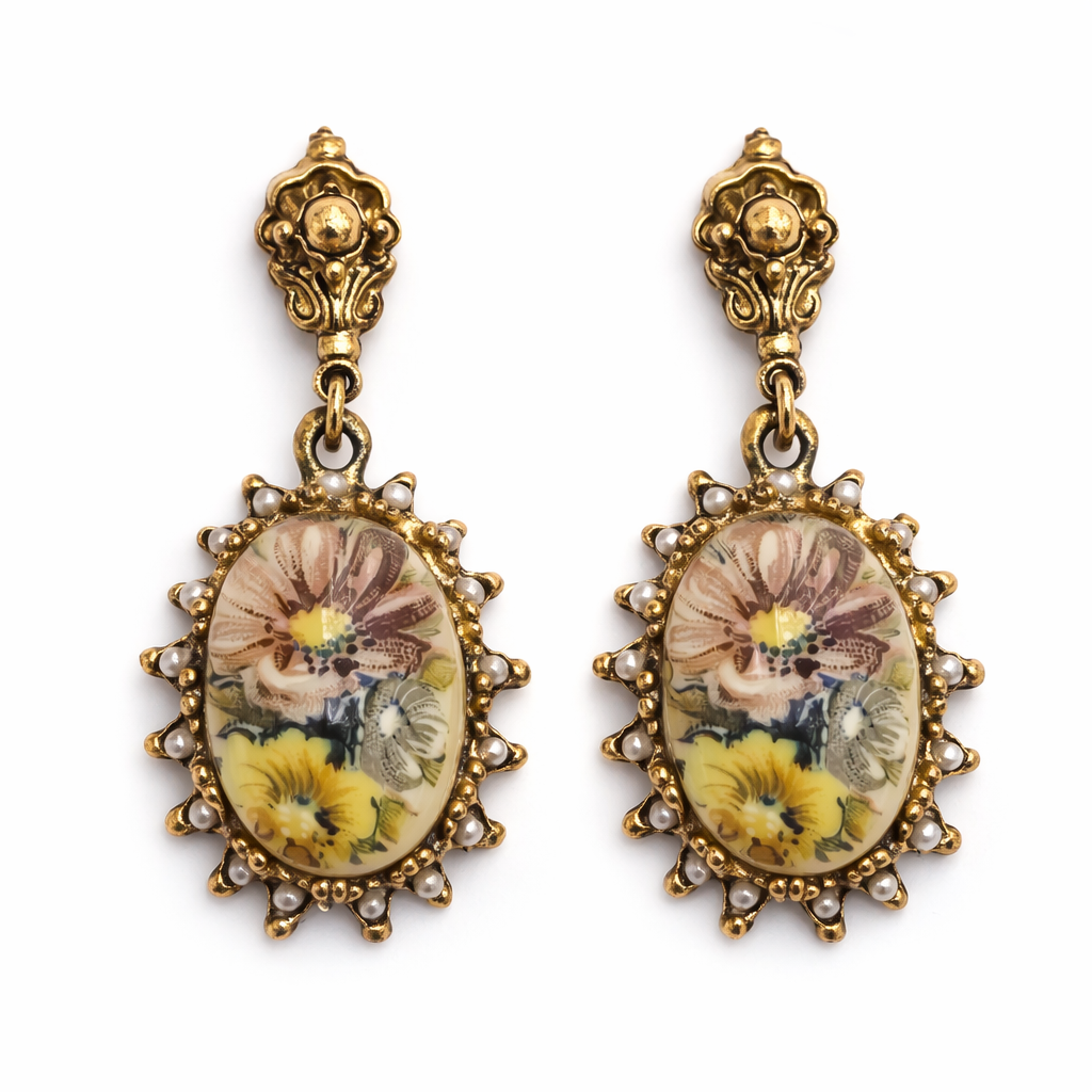 Vintage Floral Cameo Necklace & Clip-On Earrings Set | Gold-Tone | 1950s–1960s