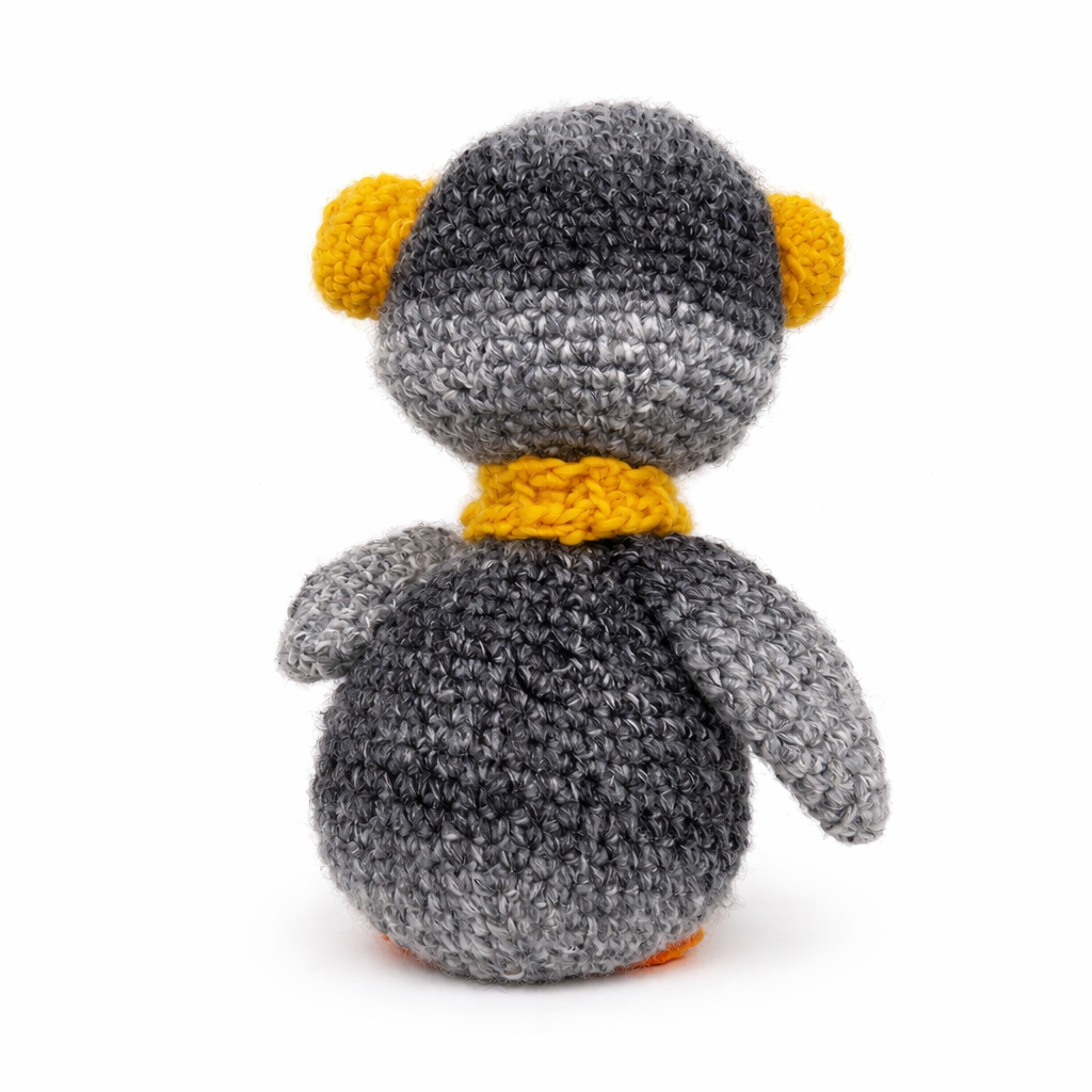 Handmade Crochet Penguin Plush – Amigurumi Penguin Toy with Yellow Scarf & Earmuffs
