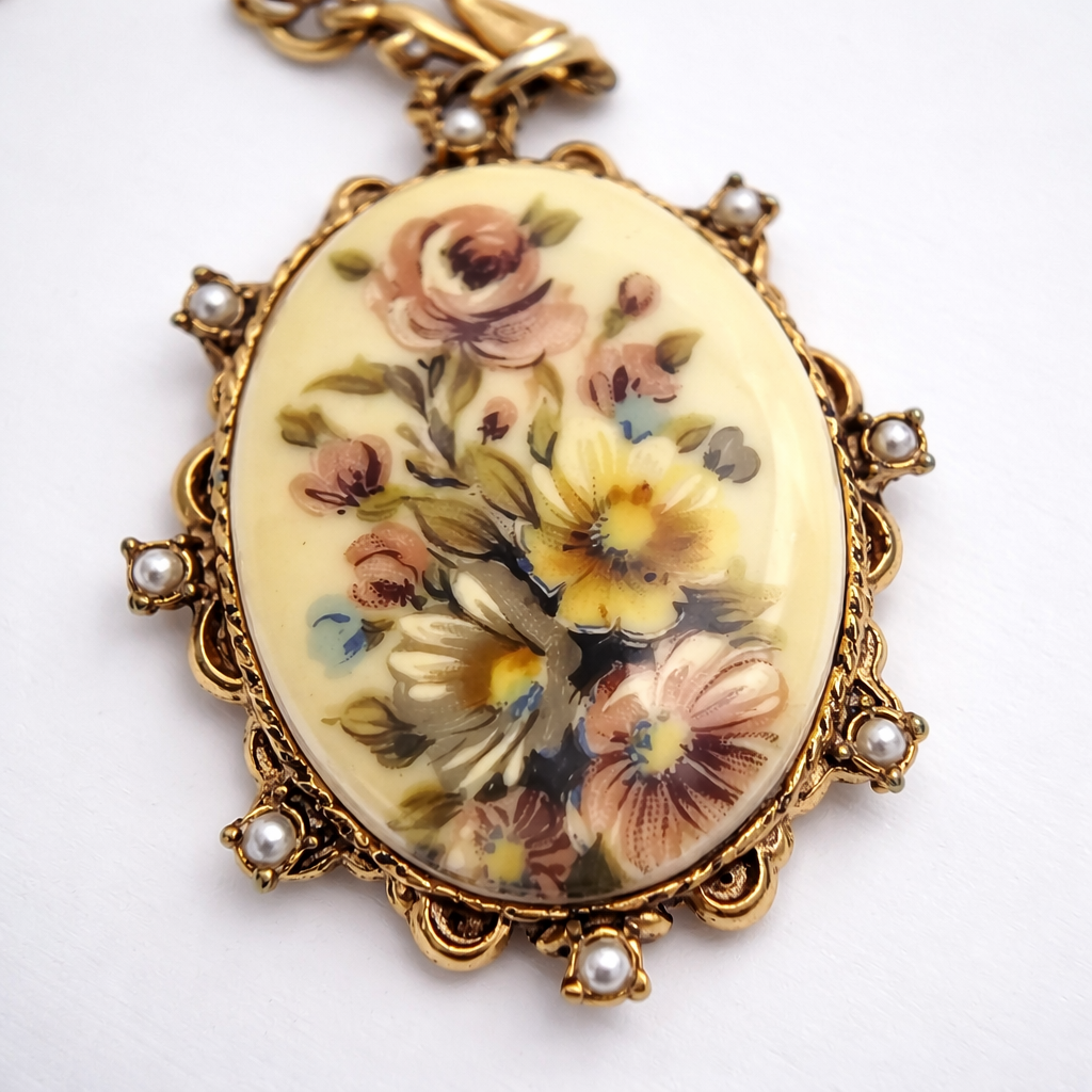 Vintage Floral Cameo Necklace & Clip-On Earrings Set | Gold-Tone | 1950s–1960s