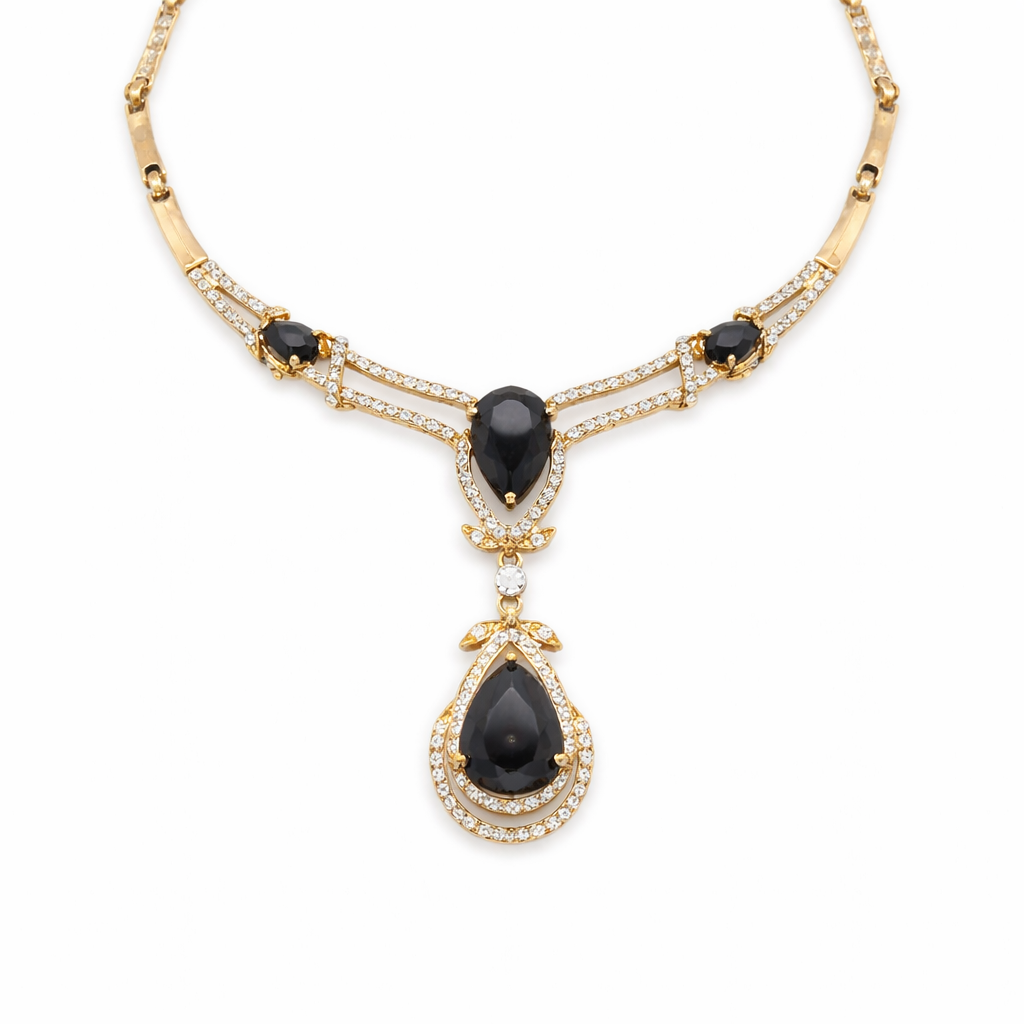 Vintage-Inspired Black Teardrop Crystal Necklace Set – Gold Tone Statement Jewelry
