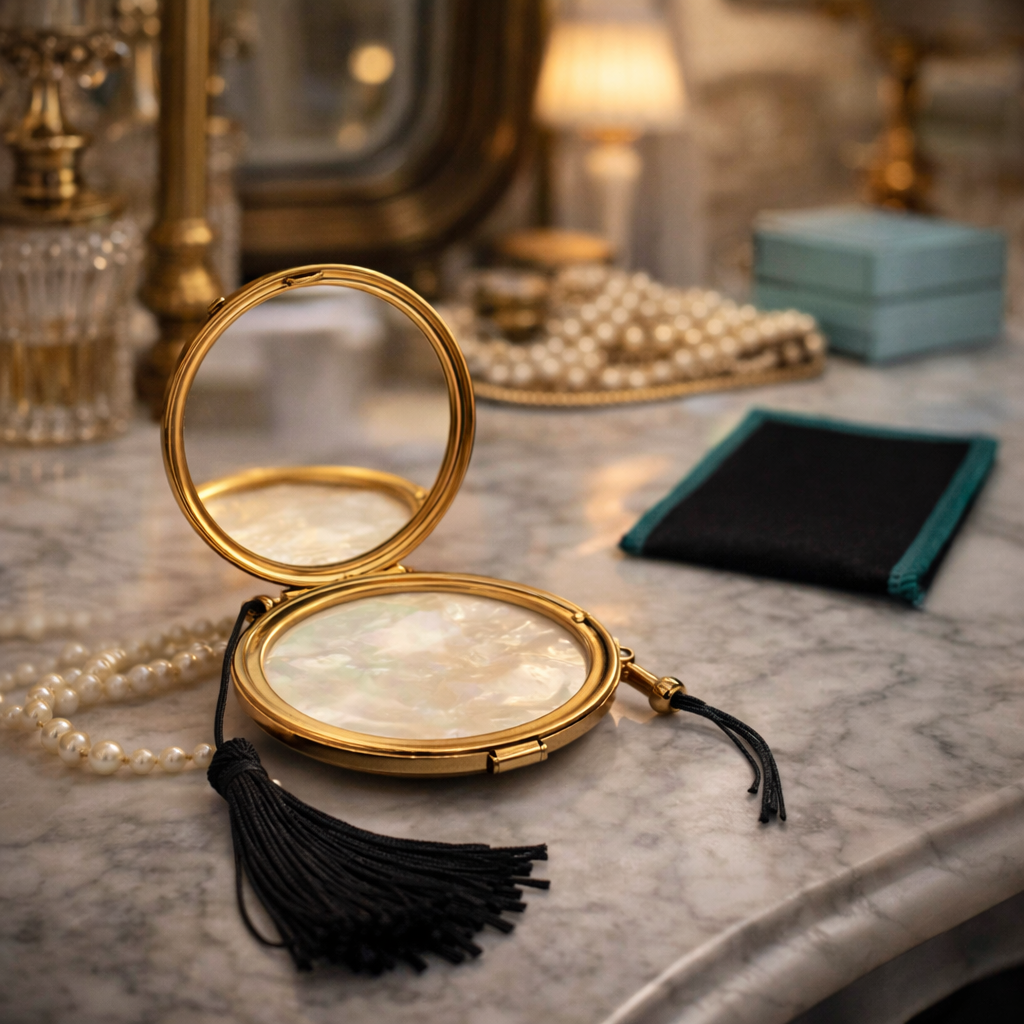 Vintage Elgin American Fifth Avenue Mother-of-Pearl Compact with Velvet Pouch