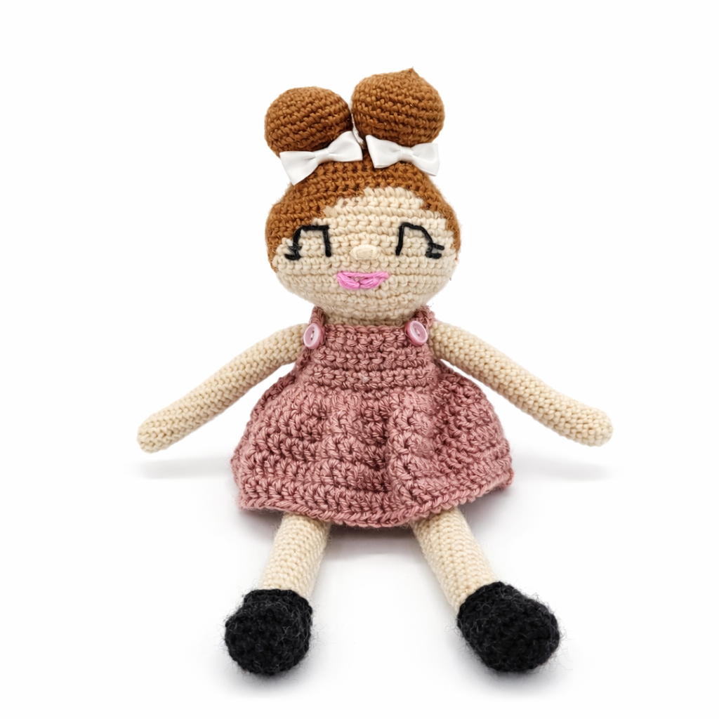 Handmade Crochet Doll with Pink Dress – Amigurumi Rag Doll Toy – 15 Inch Plush