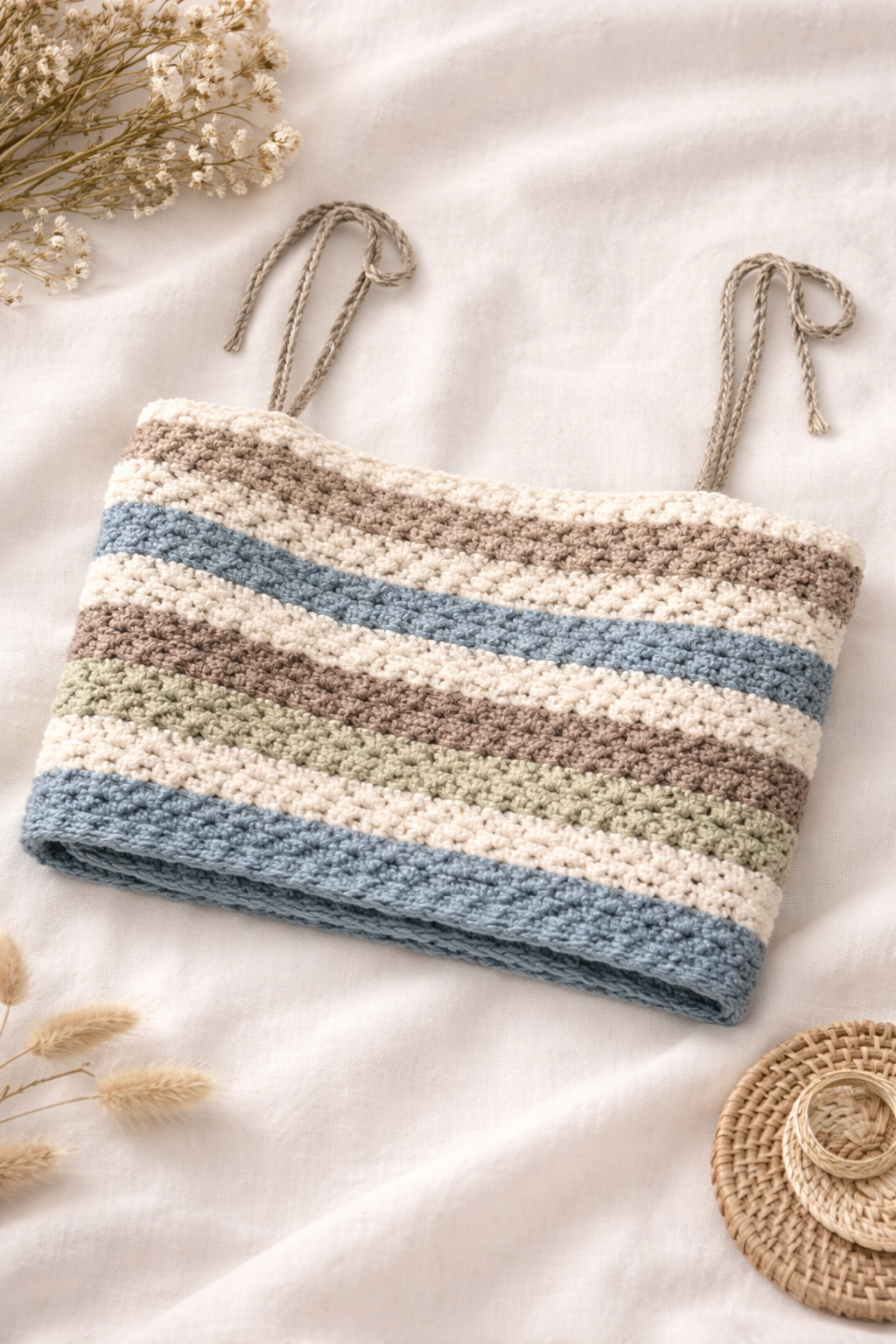 Handmade Crochet Crop Top Neutral Striped Boho Stretch Tank