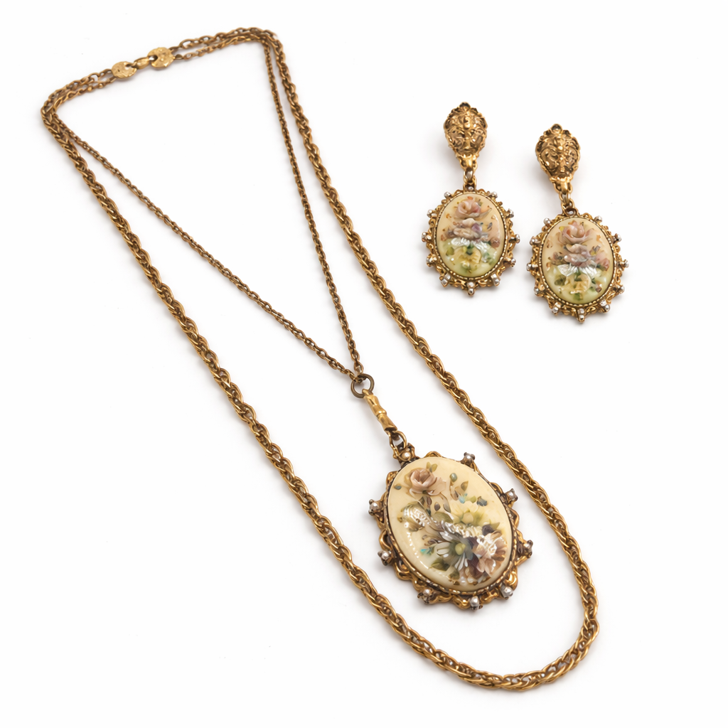 Vintage Floral Cameo Necklace & Clip-On Earrings Set | Gold-Tone | 1950s–1960s