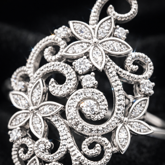 Sterling Silver Diamond Filigree Floral Statement Ring – Natural Diamonds .15 CTW – Size 7 – New With Tags