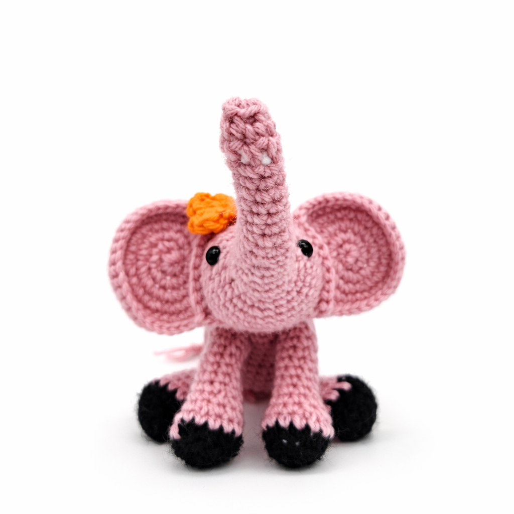 Handmade Crochet Elephant Plush Toy with Flower – Amigurumi Elephant Stuffed Animal