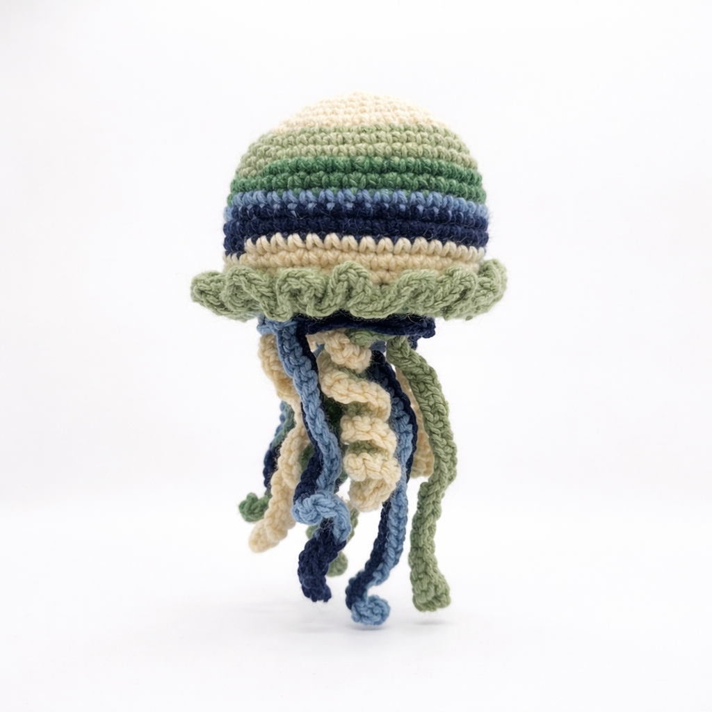 Handmade Crochet Jellyfish Plushie – Green & Blue Ocean Mix