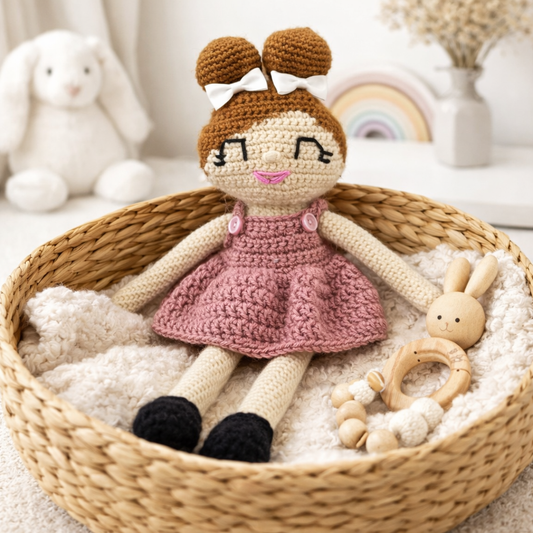 handmade crochet rag doll with pink dress amigurumi plush toy
