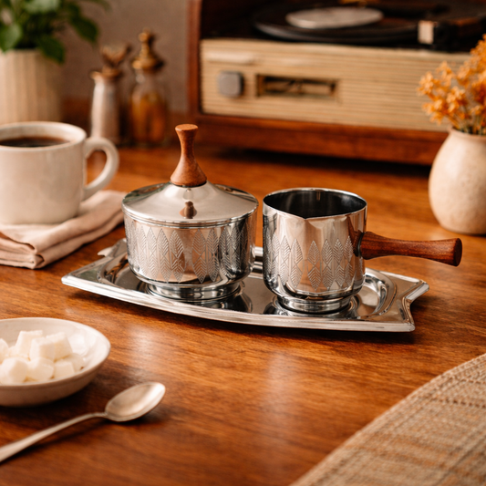 Vintage Hellerware Sugar & Creamer Set with Tray – Chromium & Fruitwood | Mid-Century Modern