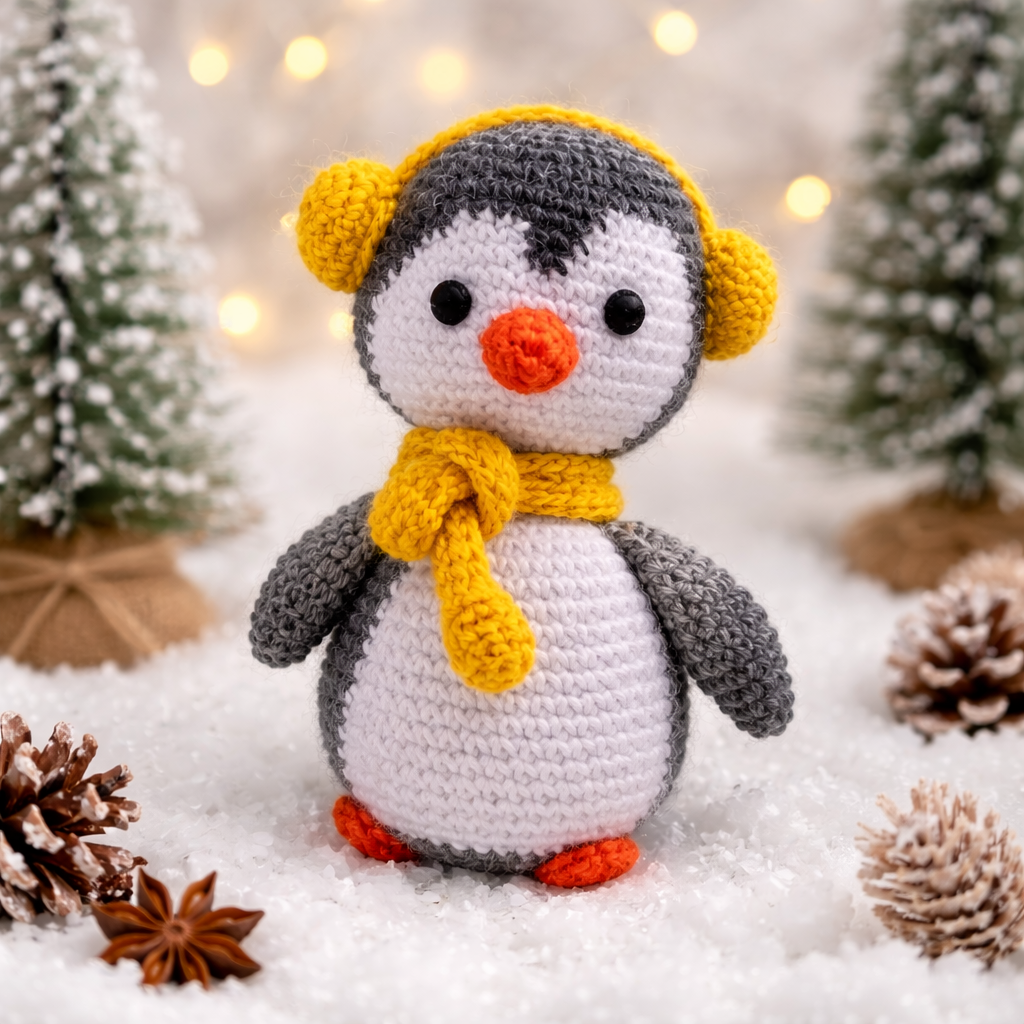 Handmade Crochet Penguin Plush – Amigurumi Penguin Toy with Yellow Scarf & Earmuffs