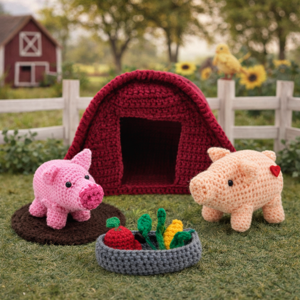 handmade crochet pig farm playset amigurumi pig toy set with barn and accessories