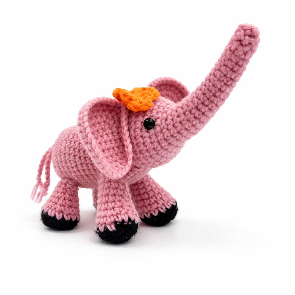 Handmade Crochet Elephant Plush Toy with Flower – Amigurumi Elephant Stuffed Animal