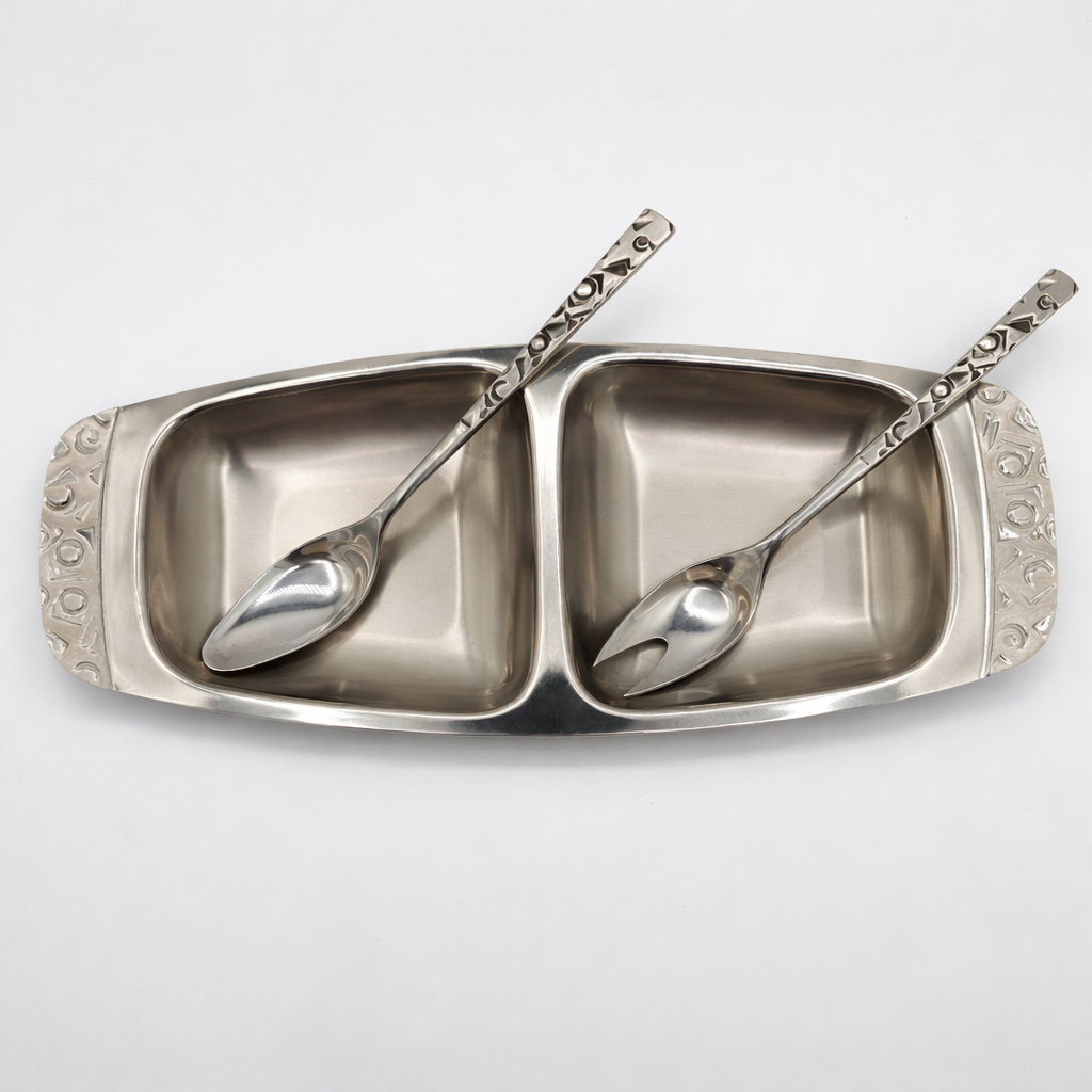 Vintage 1847 Rogers Bros “Navaho” Stainless Steel Divided Relish Tray Set – Mid-Century Serving Dish with Utensils