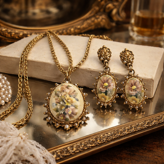 Vintage Floral Cameo Necklace & Clip-On Earrings Set | Gold-Tone | 1950s–1960s