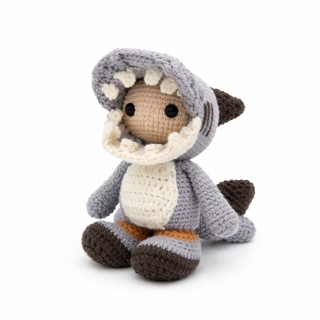 Handmade Crochet Shark Boy Plush – Amigurumi Shark Costume Doll – Ocean Toy Gift
