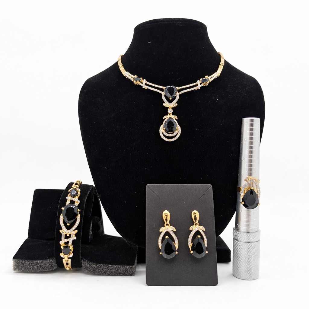 Vintage-Inspired Black Teardrop Crystal Necklace Set – Gold Tone Statement Jewelry