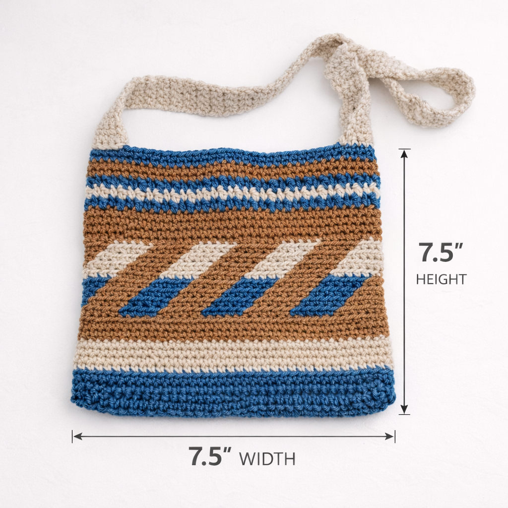 Handmade Crochet Shoulder Bag – Blue, Tan & Cream Boho Stripe