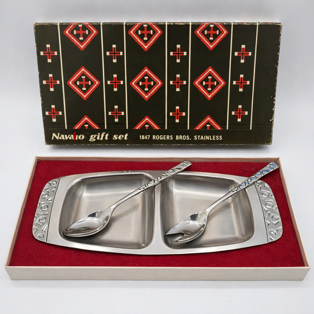 Vintage 1847 Rogers Bros “Navaho” Stainless Steel Divided Relish Tray Set – Mid-Century Serving Dish with Utensils
