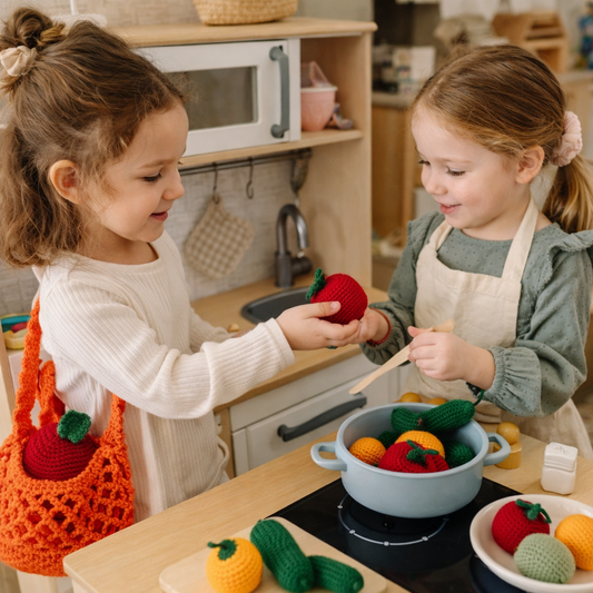 Handmade Crochet Play Food Set with Market Bag – Amigurumi Grocery Toy Set