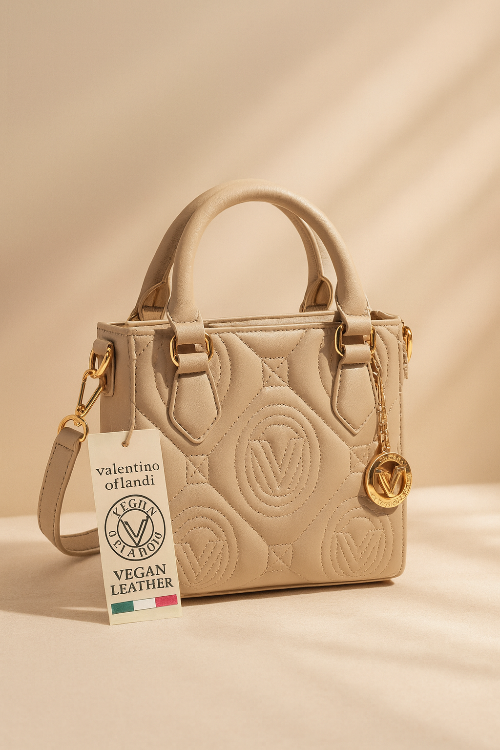 Valentino Orlandi Quilted Vegan Leather Handbag – Light Taupe | Gold Hardware | Style V-2013