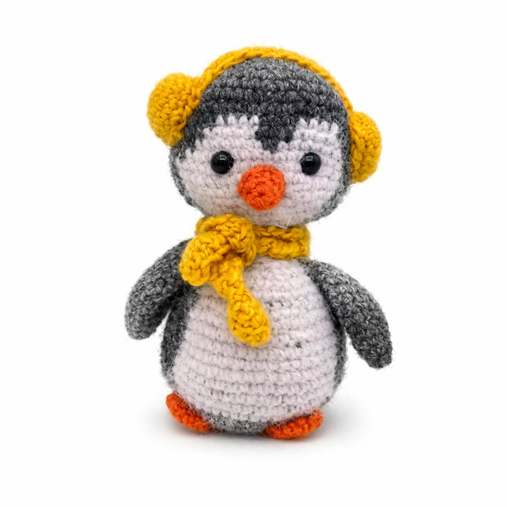 Handmade Crochet Penguin Plush – Amigurumi Penguin Toy with Yellow Scarf & Earmuffs