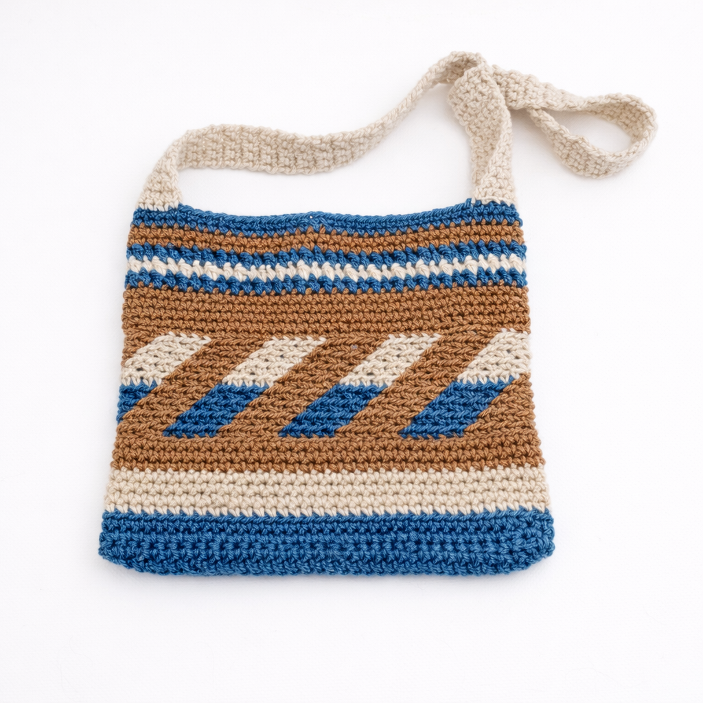 Handmade Crochet Shoulder Bag – Blue, Tan & Cream Boho Stripe